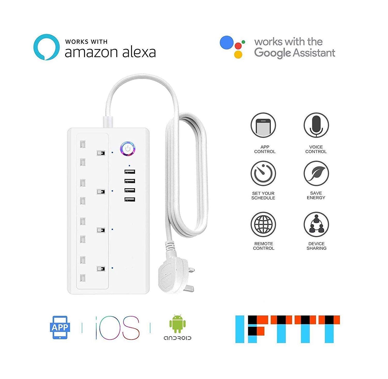 Smart Wifi Plug Extension iOS Android App Remote Control Power Socket Strip with 4 AC Plug Outlets