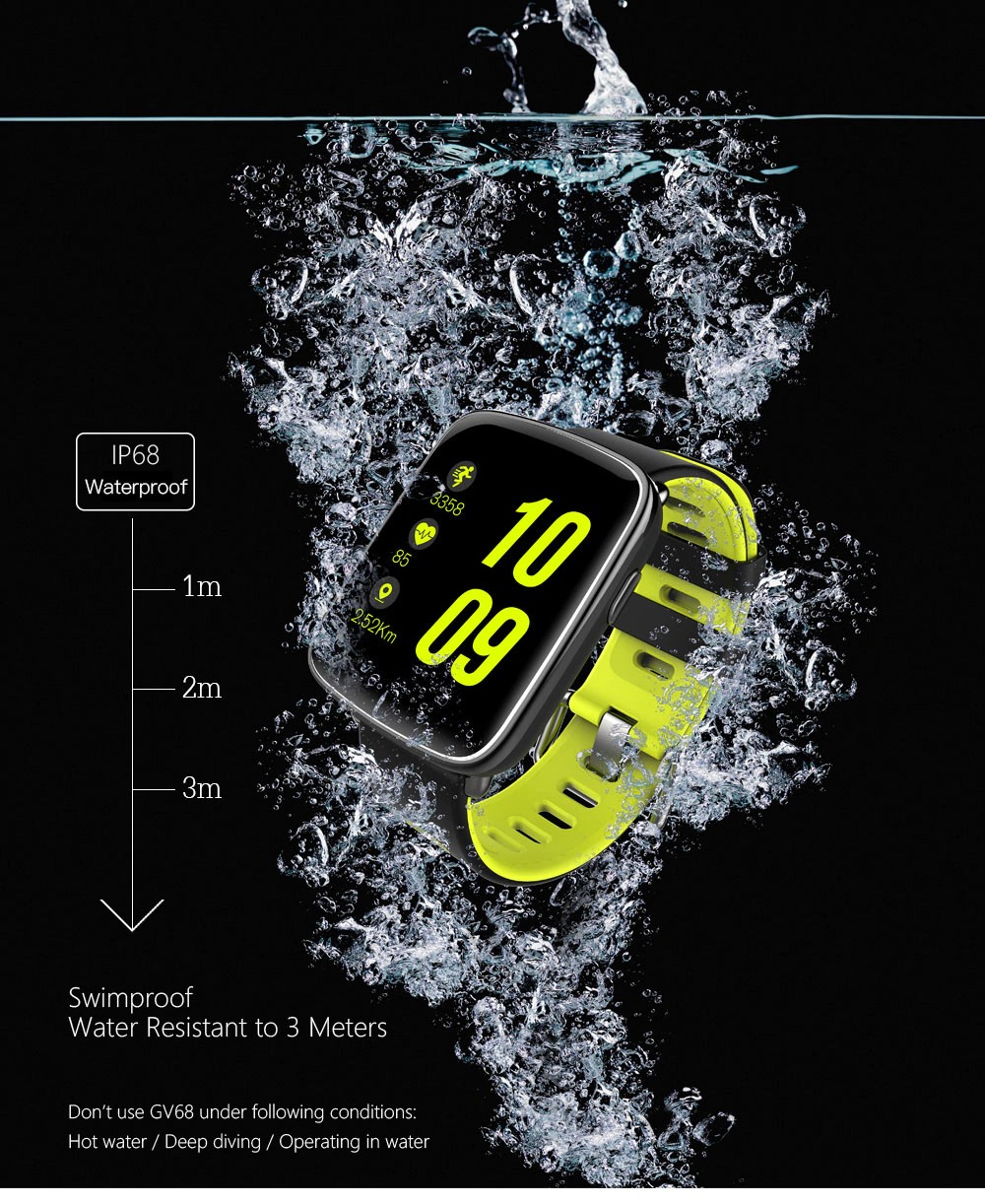 GV68 Smartwatch IP68 Waterproof Bluetooth 4.0 Android iOS Compatible Heart Rate Monitor Remote Camera Pedometer - Black green
