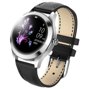 KW10 Smart Watch - Silver - black leather strap - Heart Rate Monitor Step Count Sedentary Reminder IP68
