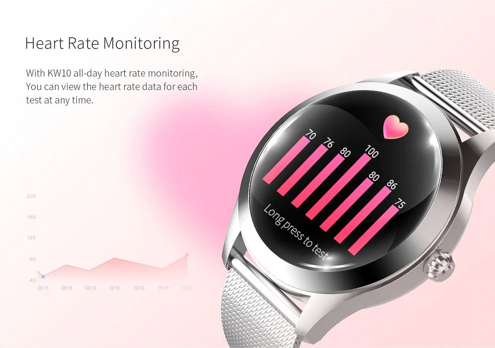 KW10 Ladies Smart Watch - Silver Steel Strap - Heart Rate Monitor Step Count Sedentary Reminder IP68