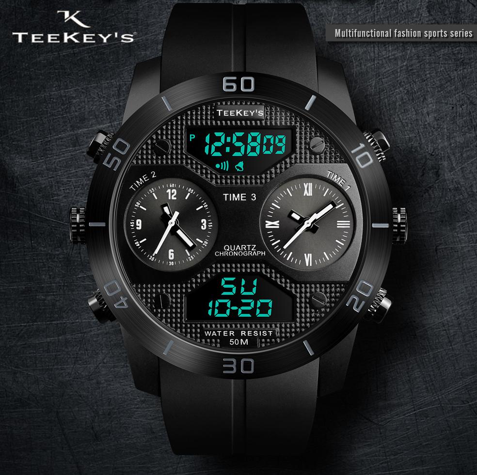 TEEKEYS TK3135 Men Luxury Brand PU Strap Belt 3 time Zone Watch ...