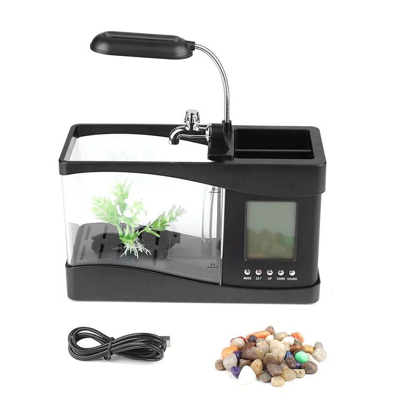 USB Desktop Aquarium - Mini Fish Tank With Running Water, Pebbles and LED Light - Black