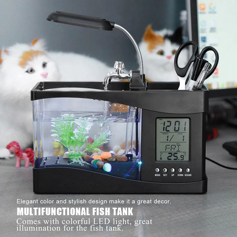 USB Desktop Aquarium - Mini Fish Tank With Running Water, Pebbles and LED Light - Black