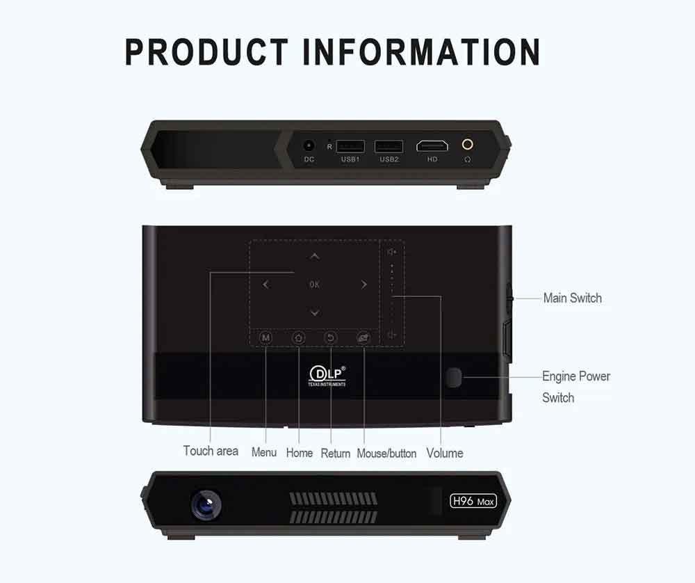 H96 Max Smart DLP Projector - Portable Android Projector - Black