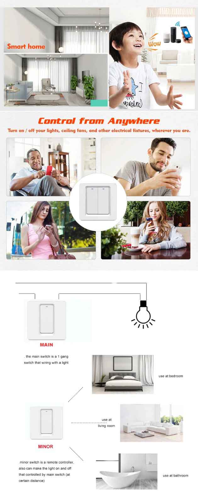 Smart Life DS-102 WiFi Light Touch Switch 2 Gang Wireless Wall Switch With Push Button