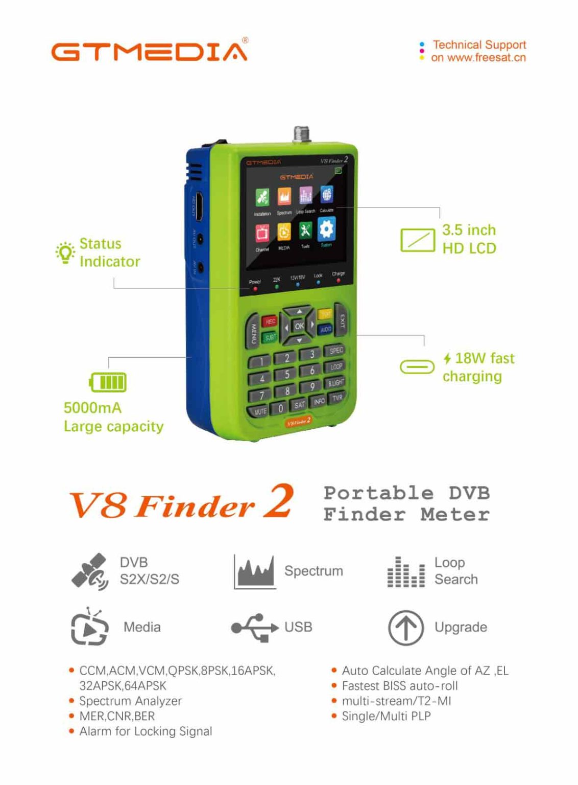 GTMEDIA V8 Finder 2 Satellite Finder Meter satfinder DVB-S2X/S2/S H.265 ...